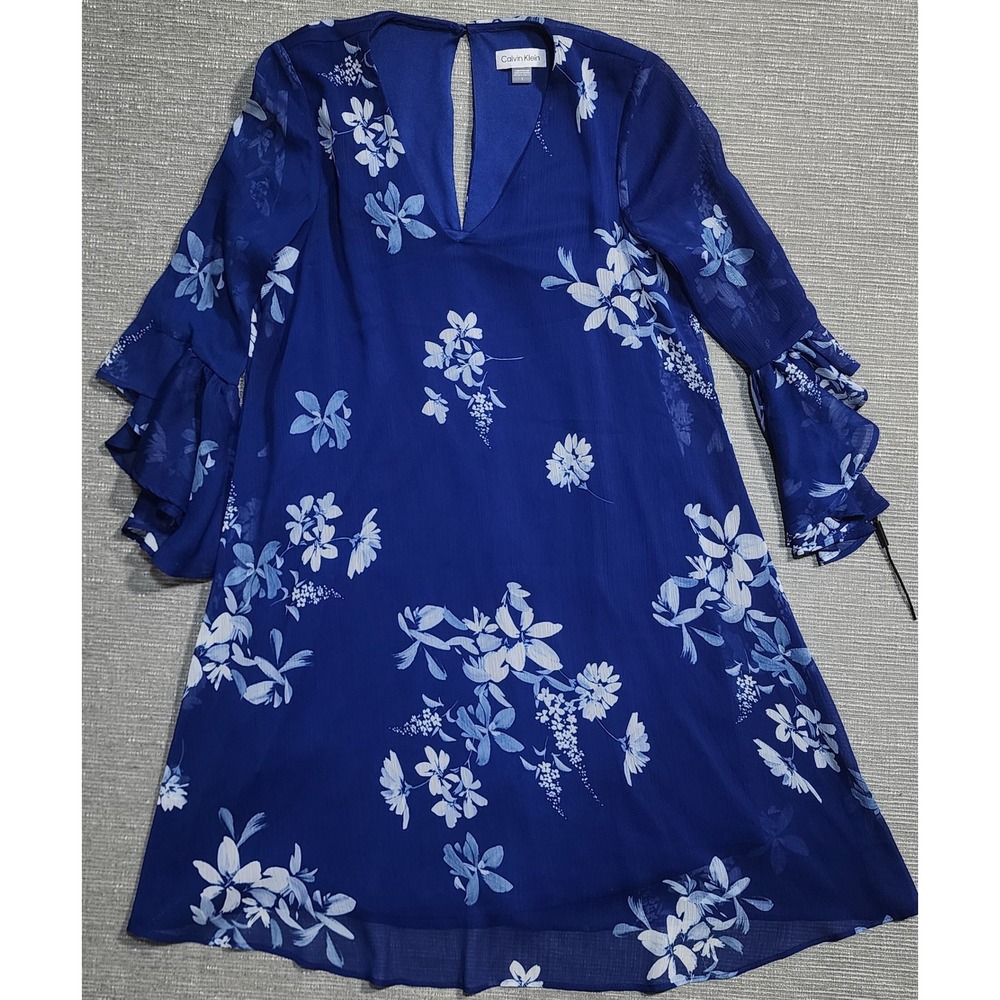 Calvin‎ Klein Blue Floral Chiffon Ruffle Bell Sleeve Shift Dress Size 2